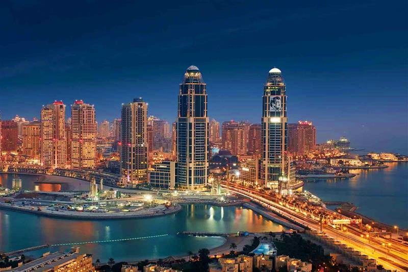 Dubai Marina skyline at dusk with illuminated skyscrapers and waterfront, showcasing Middle Eastern urban architecture